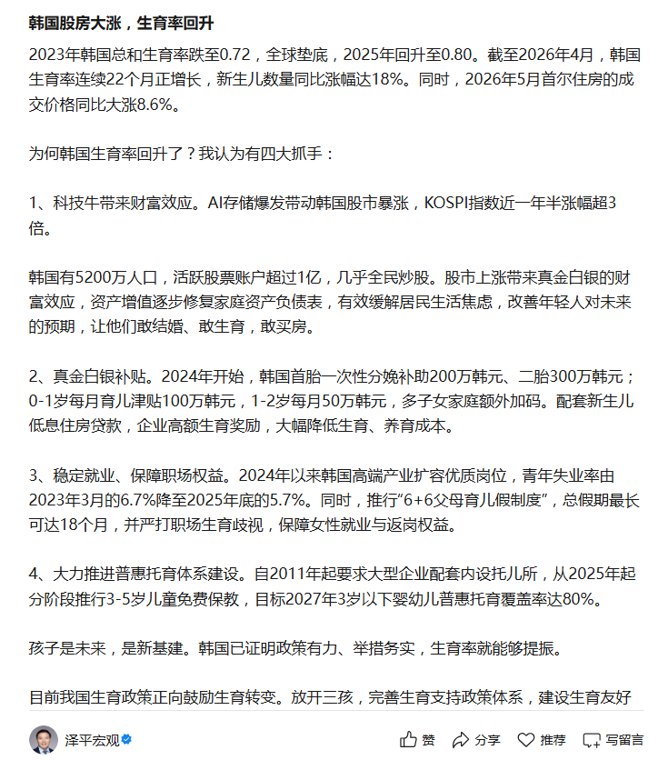 韩国生育率连续22个月正增长,任泽平:股市上涨带来真金白银财富效应,让年轻人敢结婚、敢生育、敢买房