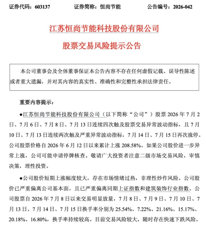 12天11板恒尚节能紧急公告：可能停牌核查